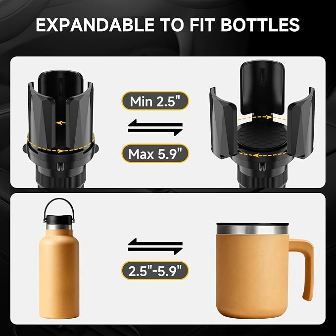 2Pack Cup Holder Expander with Expandable Arms, Fits 2.5-5.9" Bottles | Cup Holder Adapter Fits Owala/YETI/Hydro Flask/Stanley 12–64 oz; Most Large Bottles; Compatible with Round Cup Holders