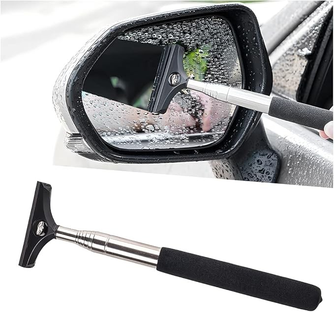 Car Rearview Mirror Wiper, American Flag Telescopic Auto Mirror Squeegee Cleaner, Glass Mist Cleaning Tool with Retractable 98cm Handle, Portable Car Windows Water Removal (Black/Car Logo)