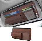 Car Sun Visor Organizer with Zipper Pocket, Multi-Pocket Vehicle Visor Storage Pouch with Card Sleeve, Eyeglasses Holder Box, Auto Interior Sunvisor Organizer Pocket, Universal Fit (Brown)