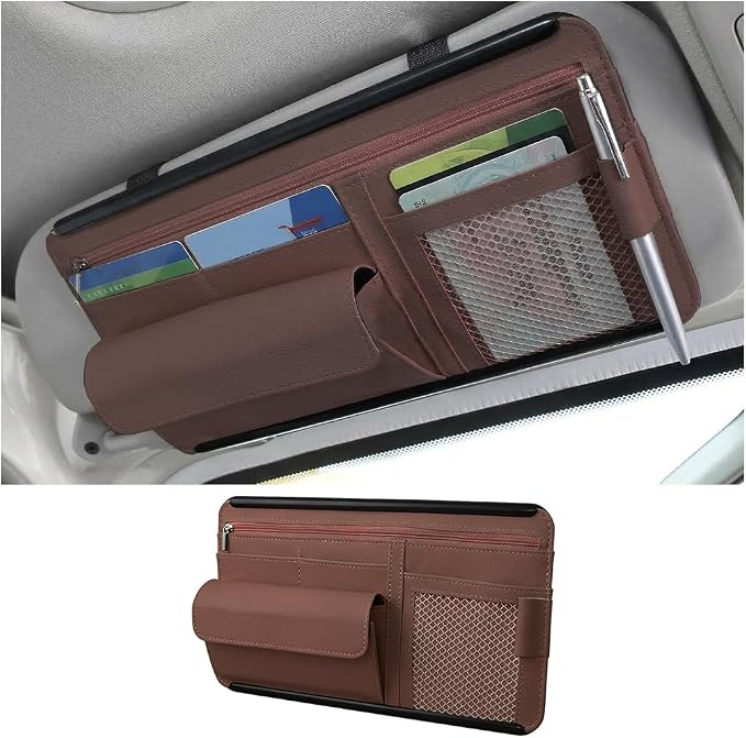 Car Sun Visor Organizer with Zipper Pocket, Multi-Pocket Vehicle Visor Storage Pouch with Card Sleeve, Eyeglasses Holder Box, Auto Interior Sunvisor Organizer Pocket, Universal Fit (Brown)
