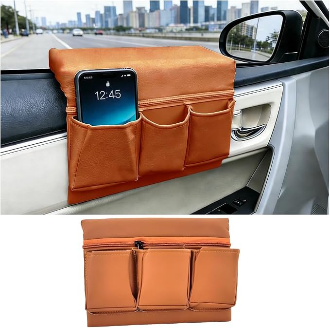 Car Window Side Storage Box, Multifunctional Leather Vehicle Side Door Armrest Pad Organizer with Pockets, Auto Window Arm Elbow Rest Storage Bag, Universal for SUV Van Truck (Brown)