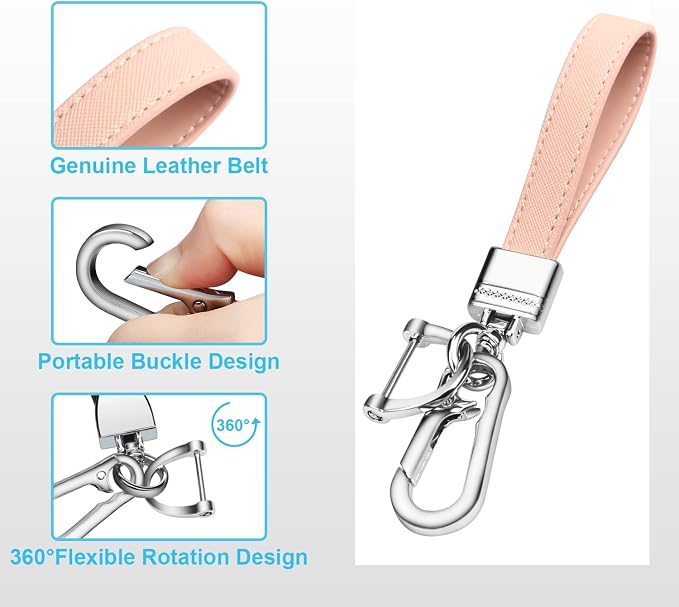 Genuine Leather Car Keychain,Universal Heavy Duty Metal Key Chain Accessories,Car Fob Key Keychain Holder with 360 Degree Rotatable Snap Swivel and Anti-Lost D-Ring for Men Women（Pink）