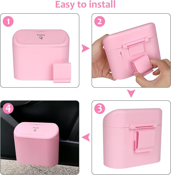 Car Trash Can with Lid, 2 Pack Pink Mini Vehicle Trash Bin Dustbin Garbage Organizer Holder with Trash Bag, Small Hanging Leakproof Auto Storage Bag Container for Car SUV Home Office