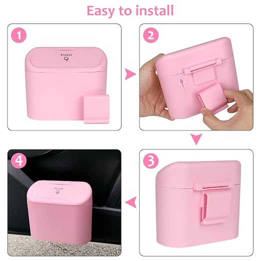Car Trash Can with Lid, Leakproof Vehicle Garbage Organizer Holder Bin with 60 Pack Trash Bags, Mini Auto Dustbin Accessories Storage Container for Vans, SUVs, Office (Pink)