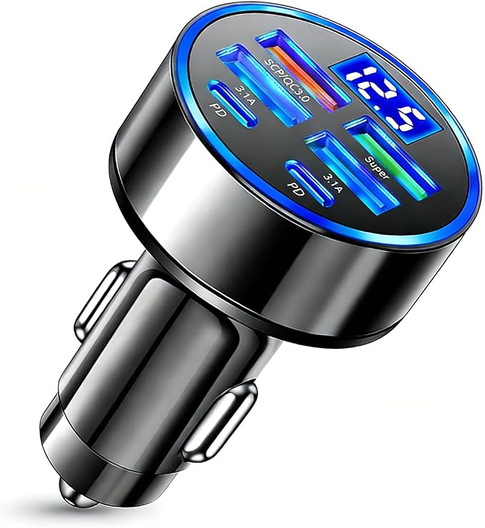 USB C Car Charger Adapter with Voltmeter Compatible with iPhone 16 15 14 13 12 11, Android, Samsung, Super+ QC3.0 6 in 1 Multi-Port Super Fast Charging Cigarette Lighter USB Charger
