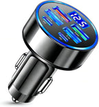 USB C Car Charger Adapter with Voltmeter Compatible with iPhone 16 15 14 13 12 11, Android, Samsung, Super+ QC3.0 6 in 1 Multi-Port Super Fast Charging Cigarette Lighter USB Charger