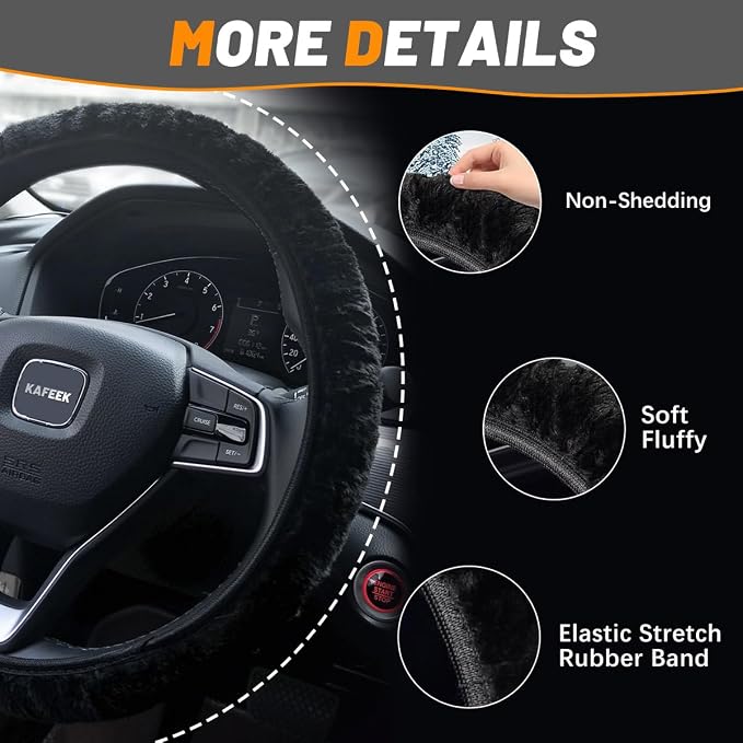 Elastic Long Microfiber Plush Steering Wheel Cover for Winter Warm, Universal 15 inch, Anti-Slip, Odorless, Black