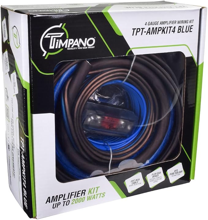 Timpano Amplifier Wiring Kit - 4 Gauge Amp Kit 2000 Watts Car Amplifier Installation CCA Cables Kit – 150 Amp Fuse Single Amp TPT-AMPKIT4 Blue