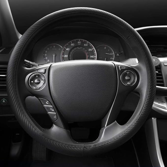 UltraSport Series Steering Wheel Cover-Synthetic Leather Perforated Design & Stitching, All Black Carbon Fiber