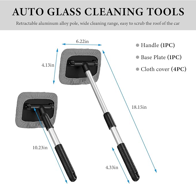 Car Windshield Cleaner Tool, Detachable Car Window Cleaner with Aluminum Extendable Handle & 2 Reusable Cloth Pads, Washable Vehicle Windshield Cleaning Wand for Exterior (Gray)