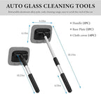 Car Windshield Cleaner Tool, Detachable Car Window Cleaner with Aluminum Extendable Handle & 2 Reusable Cloth Pads, Washable Vehicle Windshield Cleaning Wand for Exterior (Gray)