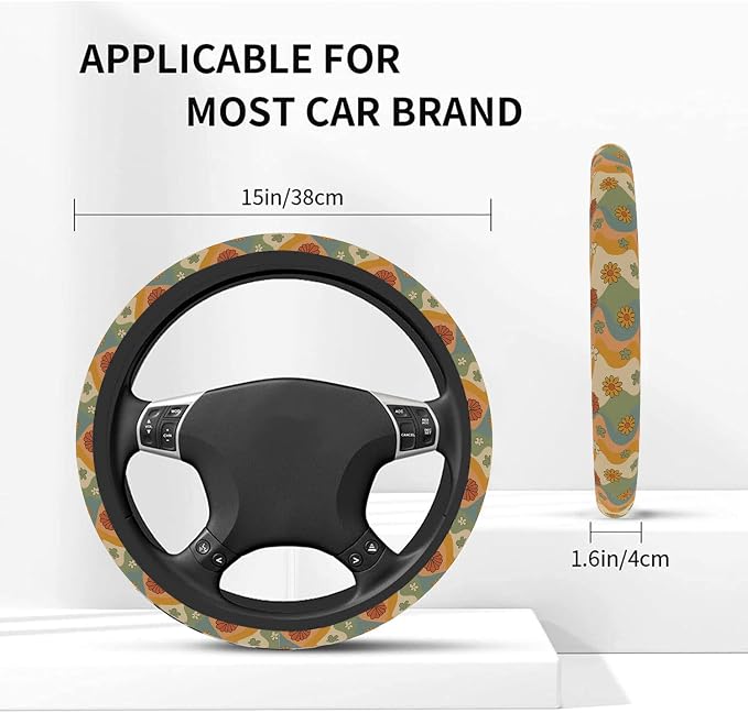 Car Steering Wheel Cover for Women Men, Non-Slip Flower Retro Steering Wheel Protector, Universal 14"-15" Fit for Cars, SUVs, Trucks (Flower Retro)