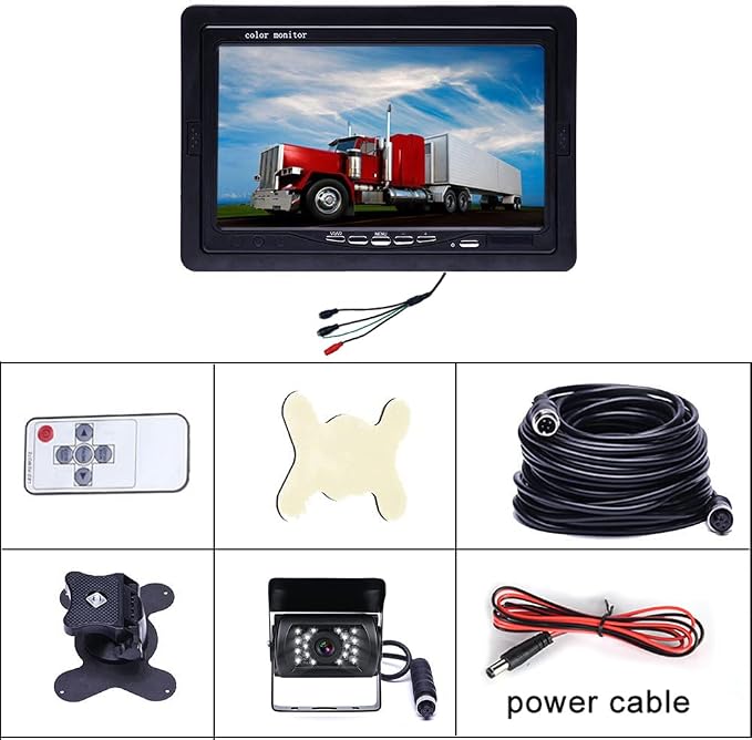 7" Backup Camera with Monitor Kit, Waterproof 18 IR LED Night Vision Reverse Camera + Rear View Monitor Vehicle Parking System for RV Bus Trailer Truck (65ft 4-Pin Aviation Video Cable)