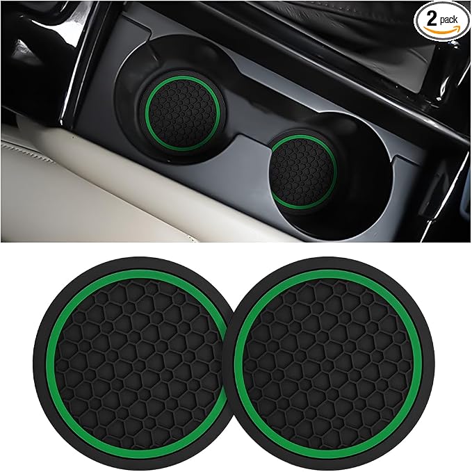 Mandark 2PCS Car Cup Holder Coasters, 2.75 Inch Non-Slip Insert Water Bottle Holder Pads, Dustproof Automotive Interior Accessories Mat, Universal for Vehicles, Trucks, RVs and More(Black/Green)