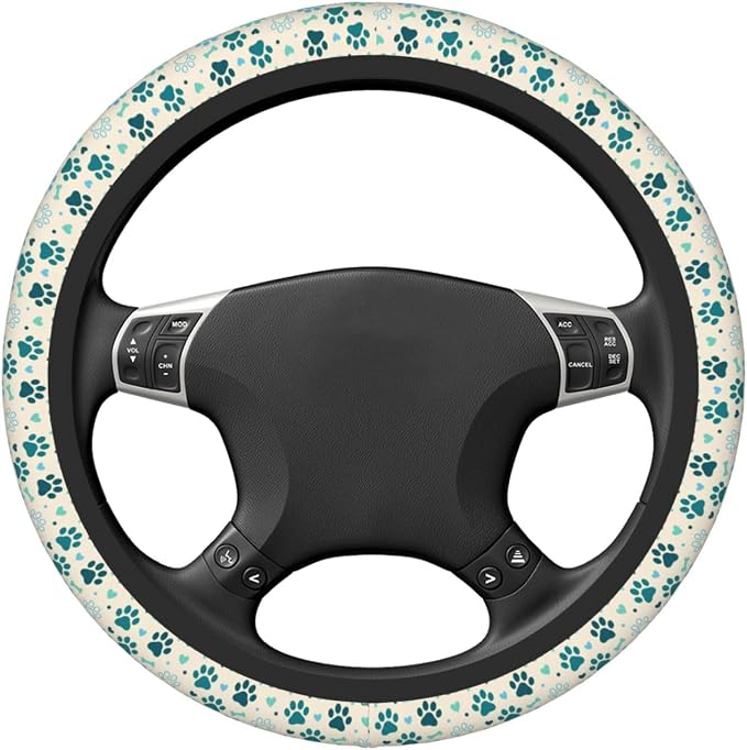 Teal Paw Print Steering Wheel Cover, 15 Inch Universal Fit Neoprene Steering Wheel Protector, Anti-Slip & Breathable Car Interior Accessory, Durable Auto Wrap for Women and Men, Fits Most Vehicles