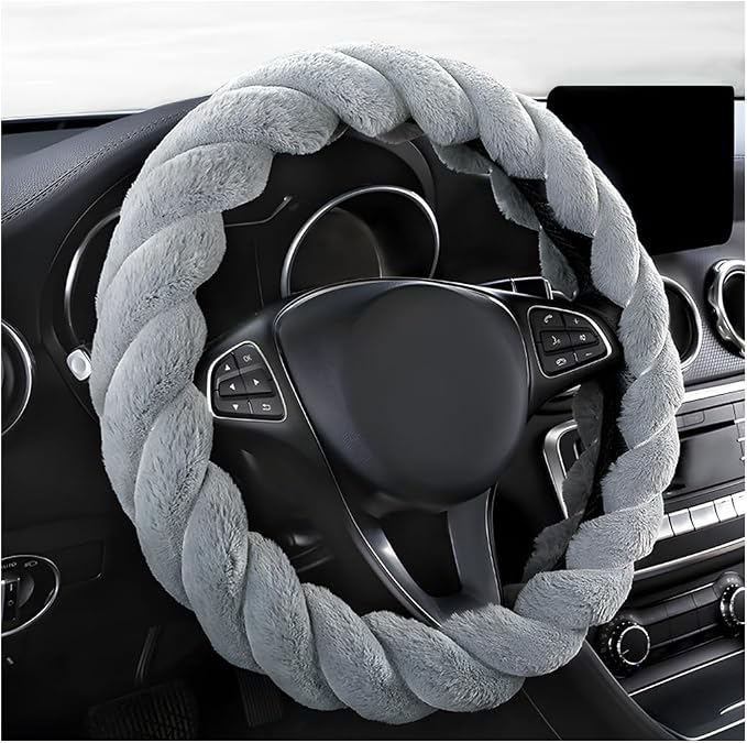 Fluffy Car Steering Wheel Cover, 15 Inches Anti-Slip Round Fuzzy Winter Steering Wheel Protector, Soft Warm Plush Steering Wheel Cover for Women Girls, Car Accessories (Gray, Round)