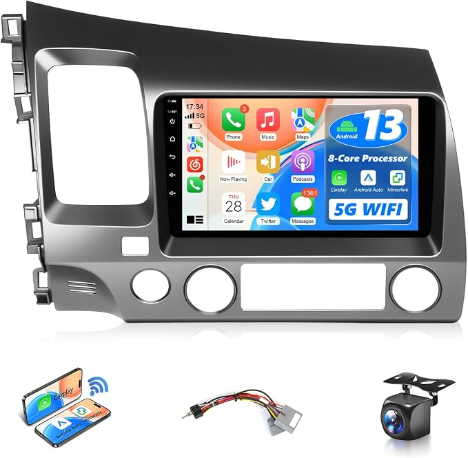 8Core Android Car Stereo for Honda Civic 2006 to 2011 Wireless Apple CarPlay Android Auto, Radio for Honda Civic Car Play, 5G WiFi GPS Navi FM RDS EQ DSP Audio Receiver SWC AHD Camera, 2G+32G
