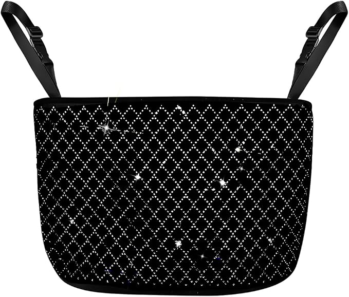 Bling Car Net Pocket Handbag Holder, Rhinestone Vehicle Backseat Purse Organizer Between Seats, Diamond Hanging Storage Bag Barrier of Pet Kids, Universal Automotive Accessories (Black)
