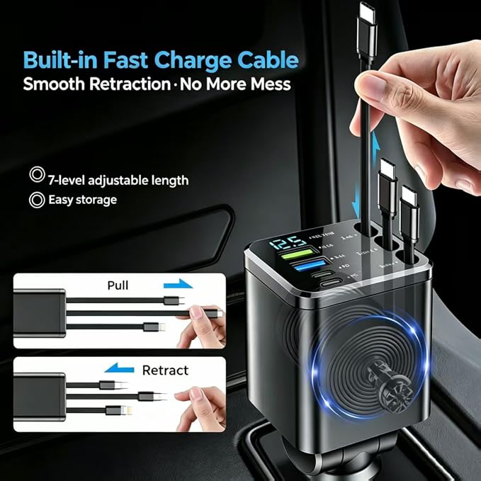 7 in 1 Retractable Car Charger,102W Car Charger Fast Charging Adapter | Car Charger USB C,Car Accessories,Voltage Smart Display,3 Retractable Type-C Cables for iPhone 17 Pro/16/15,Galaxy S26,Pixel