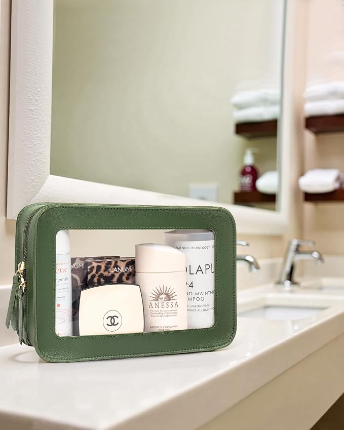 Clear Makeup Bags, TSA Approved Toiletry Bag with Zipper, Travel Makeup Organizer Fit Carry-on Travel Essentials,Small Cosmetic Bags Pouch for Women Men (Clear-Vintage Green)
