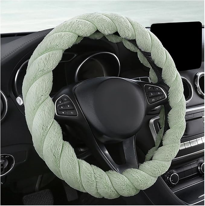 Fluffy Car Steering Wheel Cover, 15 Inches Anti-Slip Round Fuzzy Winter Steering Wheel Protector, Soft Warm Plush Steering Wheel Cover for Women Girls, Car Accessories (Green, Round)