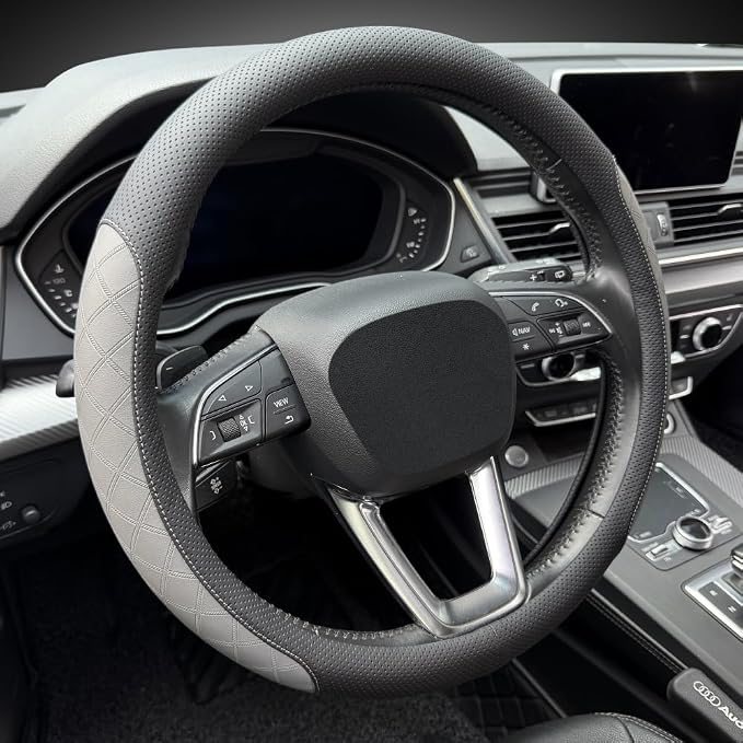 Nappa Leather Steering Wheel Cover,Elegant Diamond Checkered Design, Non-Slip wear-Resistant, Enhance Driving Comfort, Suitable for Steering Wheel Diameter 14 1/2‘-15’ Models.Black Gray