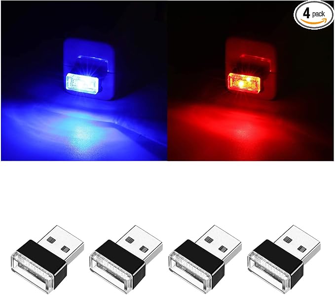 4 PCS USB LED Car Interior Atmosphere Lamp, Portable Mini LED Night Light, Plug-in USB Interface Trunk Ambient Lighting Kit, Universal Interior Accessorie (Red, Blue)