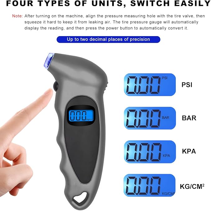 Digital Tire Pressure Gauge, 150PSI 4 Settings High Accuracy Tire Gauge with Backlit LCD and Non-Slip Grip, Easy to Read Air Pressure Gauge for Cars, Trucks and Bicycles (Gray)