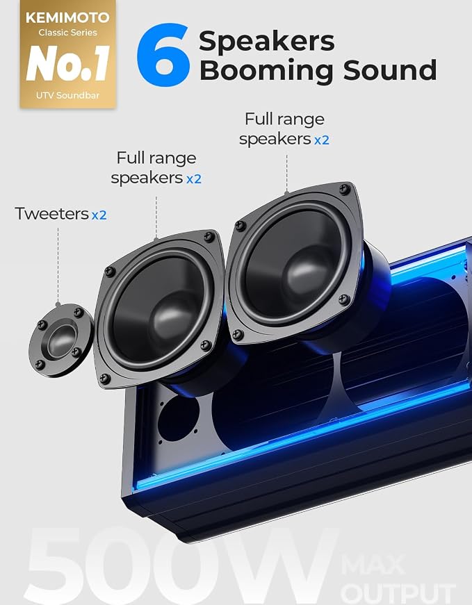 6-Speaker Metal UTV Sound Bar, 25-inch IP65 Waterproof Golf Cart Sound Bar, ATV Speaker with RGB, SxS Soundbar Compatible with Polaris RZR Can-Am w/ 1.25 in - 2 in Roll Bar