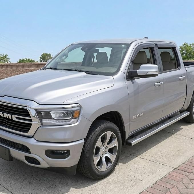 2019-2026 Tape-On Side Window Deflector Visors Compatible with Dodge Ram 1500 Crew Cab Only Smoke Tinted Rain Guards 2020 2021 2022 2023 2024 2025