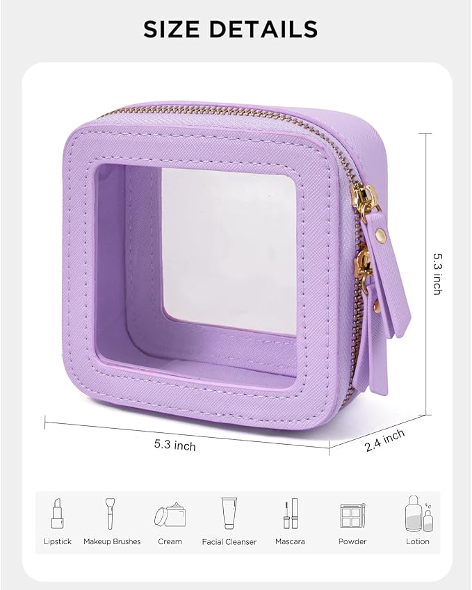 Clear Makeup Bags, TSA Approved Toiletry Bag with Zipper, Mini Clear Makeup Organizer Fit Carry-on Travel Essentials,Clear Cosmetic Bags for Women Men (0-Mini-Purple)