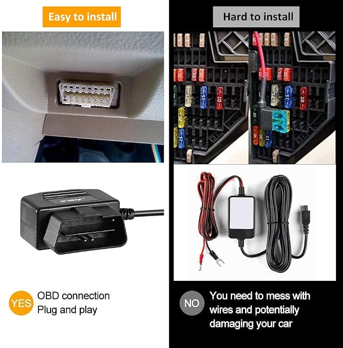 Universal OBD OBD2 Power Cable for Dash Camera 24 Hours Surveillance/Acc Mode with Switch Button, 3Pin OBDII Adapter Hardwire Charger Cable 12-26V to 5V 2.5A (Mini Curved Left Port) (2)