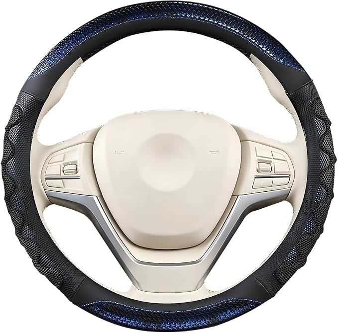 Car Steering Wheel Cover, 14.5-15" Anti-Slip Steering Wheel Protector with 3D Honeycomb Massage Grip, Comfortable Auto Interior Decor Accessories, Universal for SUV Van Truck (Black/Blue)