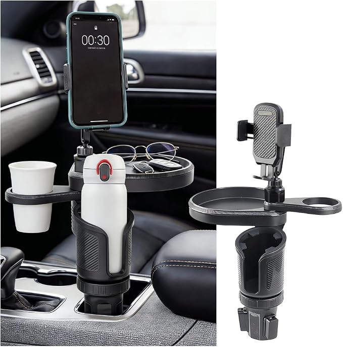 Car Cup Holder Tray, 3 in 1 Multifunctional Vehicle Food Water Bottle Phone Holder Expander Adapter with Adjustable Base, Detachable Auto Interior Food Tray Table, Universal Fit (Carbon Fiber)