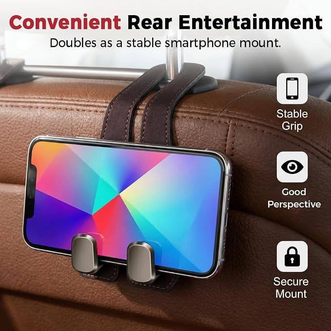 Car Seat Back Storage Hook, 2026 New Car Seat Headrest Hook for Purses and Bags, Leather Car Seat Back Storage Hooks, Car Seat Hangers Organization Accessories (Grey 2pcs)