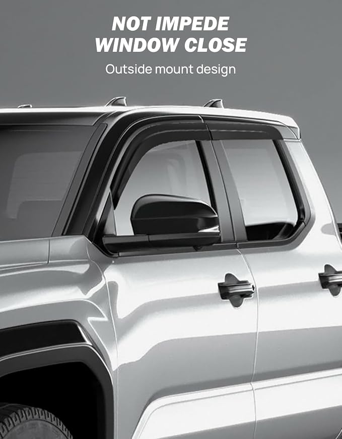 Rain Guards Compatible with 2024-2026 Tacoma Double Cab | Low Profile Outside Mount Acrylic Vent Visors, Tape-On Window Deflectors, Reduce Wind Noise & Block Rain