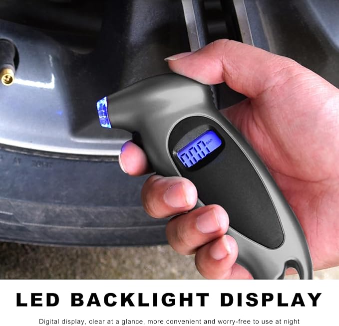 Digital Tire Pressure Gauge, 150PSI 4 Settings High Accuracy Tire Gauge with Backlit LCD and Non-Slip Grip, Easy to Read Air Pressure Gauge for Cars, Trucks and Bicycles (Gray)