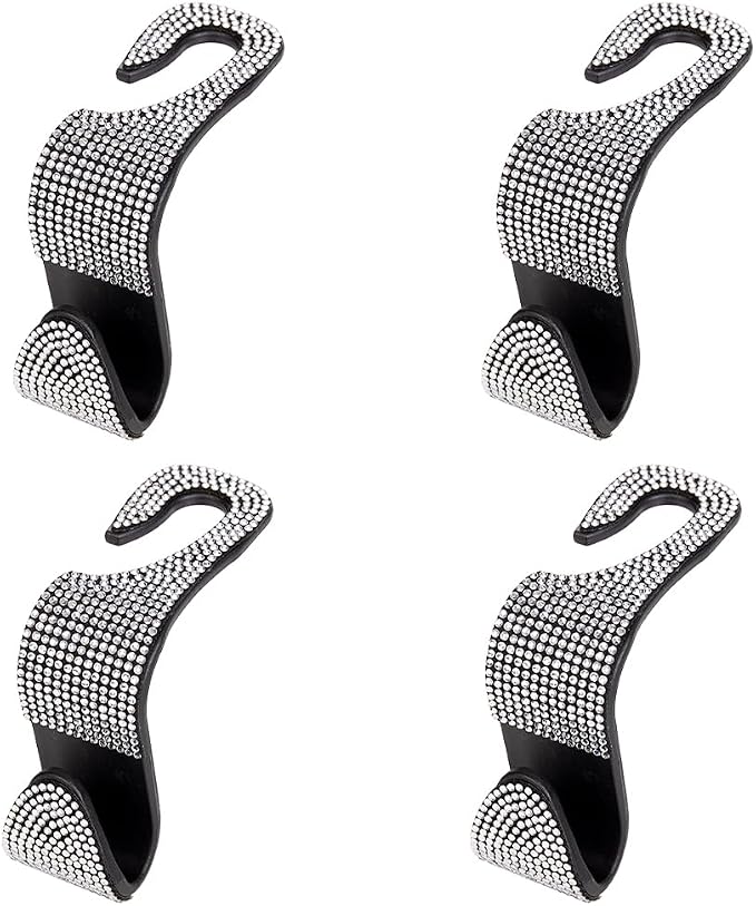 4PCS Bling Car Seat Headrest Hook, Crystal Rhinestone Backseat Hanger Organizer for Purse Handbag Umbrella, Shiny Auto Interior Seat Back Storage Holder Hook, Universal Fit (White)