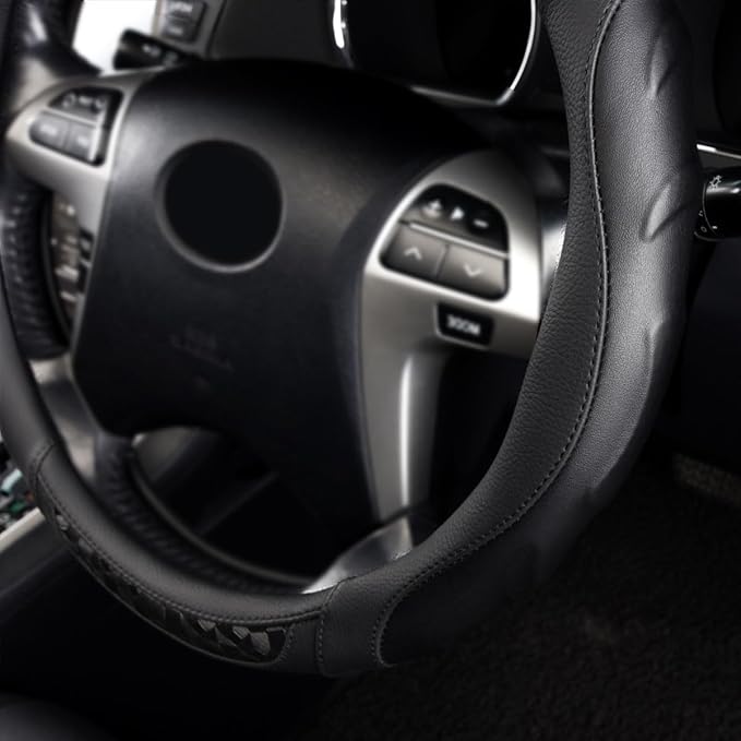 Faux Leather Heavy Duty Inner Ring car Steering Wheel Cover 14.5-15 inches (All Black)