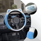 Car Steering Wheel Cover, 15 Inch Fluffy Soft Plush Auto Protector, Anti-Slip Elastic Lovely Car Cover Accessories with Kitty Cat Ears Universal for Most Vehicles (Fluffy-White+Blue)