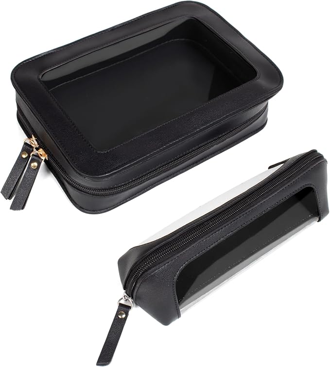 2Pack Clear Makeup Bags Set, Portable Makeup Brush Bag, Zipper Storage Bag Organizer Pouch, Versatile Storage Stationery, Travel Storage Bag, Portable Cosmetic Storage Bag (Black)