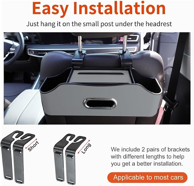 Back Seat Cup Holder for Car – Multifunctional Seat Back Organizer with Drink Holders, Tissue Box Storage & Hooks, Fits Headrest for Auto. (Gray)