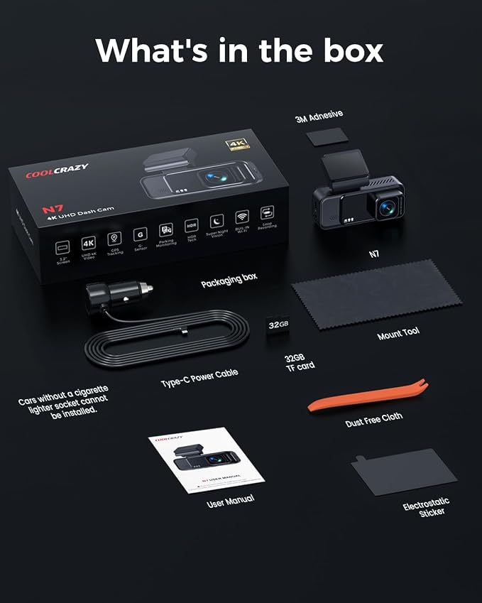 COOLCRAZY 4K Dash Cam Front, Built-in WiFi GPS, Dash Camera for Cars, 3.2" IPS Screen Dashcam with App Control, Free 32G Card, 170°Wide Angle, 24H Parking Mode, WDR, Night Vision, G-Sensor