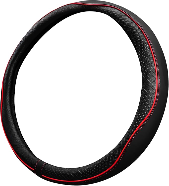 Car Steering Wheel Cover, Durable Leather Cover with Anti-Slip Lining, Breathable Auto Wheel Cover Protector, Universal 15 Inch Anti-Slip Steering Wheels for Men & Women (Black Red)