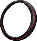 Car Steering Wheel Cover, Durable Leather Cover with Anti-Slip Lining, Breathable Auto Wheel Cover Protector, Universal 15 Inch Anti-Slip Steering Wheels for Men & Women (Black Red)
