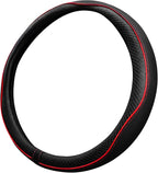 Car Steering Wheel Cover, Durable Leather Cover with Anti-Slip Lining, Breathable Auto Wheel Cover Protector, Universal 15 Inch Anti-Slip Steering Wheels for Men & Women (Black Red)