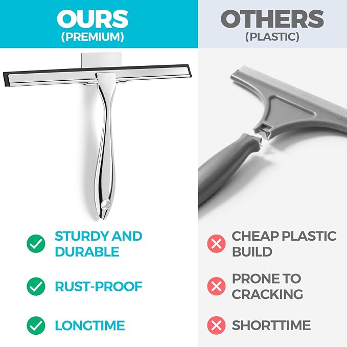 2pcs Shower Squeegee for Glass Doors with Adhesive Hanging Hook Set | 12” silver, bathroom accessories, window cleaner, new home essentials, soft rubber blade, metal handle, ergonomic grip
