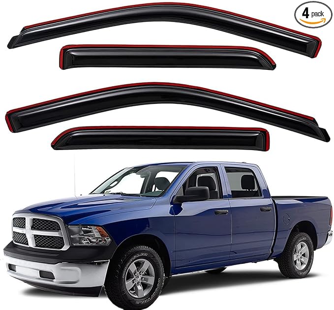 WV194109 Extra Durable In-Channel Wind Deflector Visor Rain Guard, Fit 2009-2018 Dodge Ram 1500 Crew Cab; 2010-2026 Ram 2500 & 3500 Crew & Mega Cab; 2019-2024 Ram 1500 Classic Crew Cab, Smoke, 4-Pcs