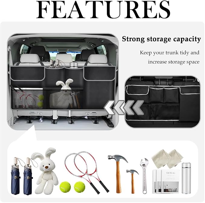 Large Capacity Car Trunk Organizer,Six Pockets Trunk Storage Organizer with Adjustable Straps,Wear-Resistant Oxford Fabric Hanging Trunk Organizer for Car Truck SUV