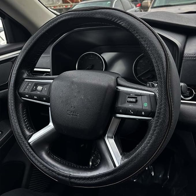 Car Steering Wheel Cover, Durable Leather Cover with Anti-Slip Lining, Breathable Auto Wheel Cover Protector, Universal 15 Inch Anti-Slip Steering Wheels for Men & Women (Black)